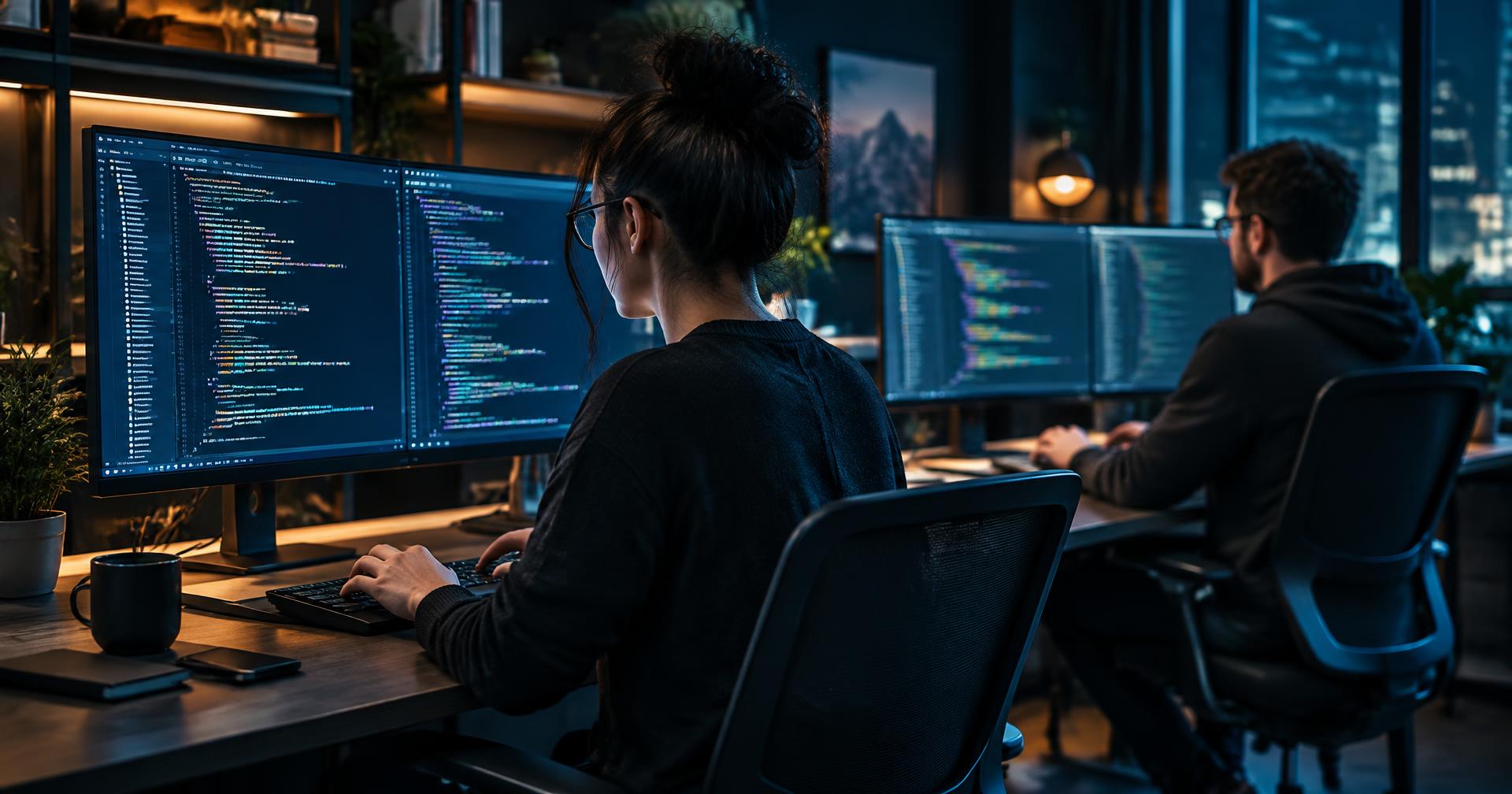 MacTech developers writing code in a modern workspace